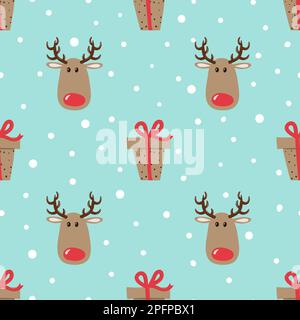 Christmas pattern with cute deers and gifts. Vector holiday background. Stock Vector