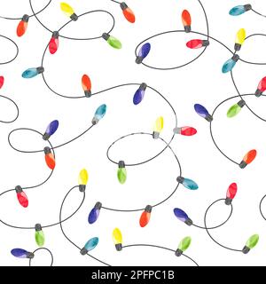 Christmas lights background. Seamless pattern with colorful watercolor garland of light bulbs. Stock Vector