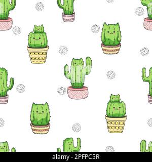 Seamless cactus cats pattern. Vector background with cute cartoon cactus in pots Stock Vector