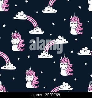Seamless pattern with cute unicorns on dark. Vector childish background. Stock Vector