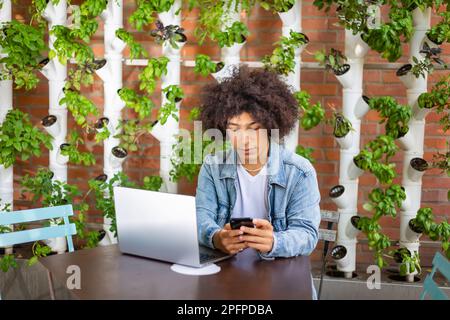 Serious, focused ethnic men using laptop, smartphone at outdoor internet cafe eco friendly area with hydroponic systems. Free green open space place Stock Photo