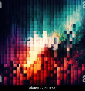 An abstract mosaic composed of red, orange, and yellow squares, featuring a central sun motif Stock Photo