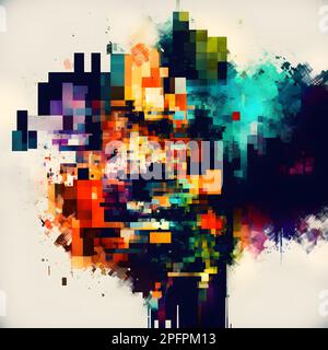 Abstract digital art featuring a head and eyes composed of multicolored pixel squares Stock Photo
