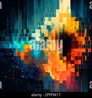 A vibrant and colorful pixel art illustration featuring geometric shapes in a variety of colors against a black backdrop Stock Photo