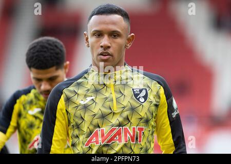 Stoke On Trent, UK. 18th Mar, 2023. Marquinhos #13 of Norwich City before the Sky Bet Championship match Stoke City vs Norwich City at Bet365 Stadium, Stoke-on-Trent, United Kingdom, 18th March 2023 (Photo by Phil Bryan/News Images) in Stoke-on-Trent, United Kingdom on 3/18/2023. (Photo by Phil Bryan/News Images/Sipa USA) Credit: Sipa USA/Alamy Live News Stock Photo