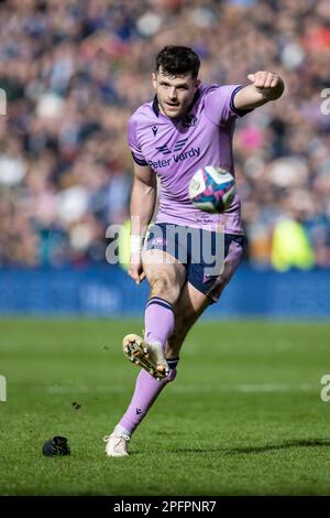 Edinburgh, UK. 18th Mar, 2023. 18th March 2023; Murrayfield Stadium, Edinburgh, Scotland: Six Nations International Rugby, Scotland versus Italy; Blair Kinghorn of Scotland kicks a conversion to win the match 26-14 Credit: Action Plus Sports Images/Alamy Live News Stock Photo