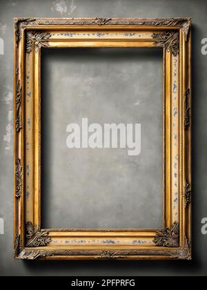 Antique golden art fair gallery frame with metal decorations and blank copy space, on the wall at museum exhibition. Stock Photo