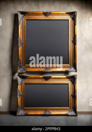 Two antique golden art fair gallery frames with metal decorations and blank copy space, on the wall at museum exhibition. Stock Photo