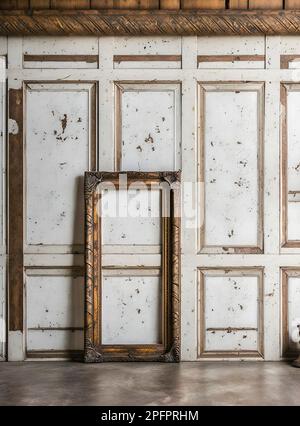 Antique golden frame with metal decorations and blank copy space, on a wall of an abandoned museum. Stock Photo