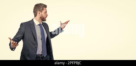 Gesticulating wildly. Businessman hold arms wide open gesticulating. Man with wide hand gesture. Man face portrait, banner with copy space. Business Stock Photo