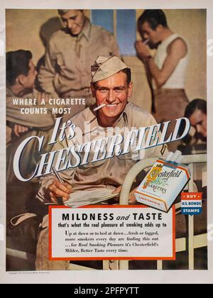 Vintage 1940's Chesterfield Cigarette advertisement with celebrity  endorsement by Lucille Ball ' Chesterfields are completely satisfying,  They're Milder much Milder Its my Cigarette' Stock Photo