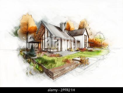 House with garden, architectural sketch or drawing Stock Photo