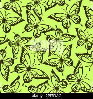 seamless pattern of green contours of butterflies on an olive background, texture, design Stock Photo