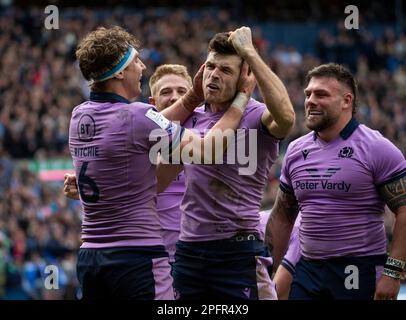 Edinburgh, UK. 18th Mar, 2023. EDINBURGH, SCOTLAND - MARCH 18: Scotland Stand-Off, Blair Kinghorn, celebrates his 3rd try during the Six Nations Rugby match between Scotland and Italy at Murrayfield Stadium on March 12, 2023 in Edinburgh, United Kingdom. ( Credit: Ian Jacobs/Alamy Live News Stock Photo