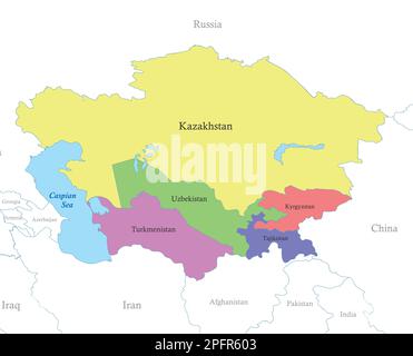 Political color map of Central Asia with borders of the states. Stock Vector