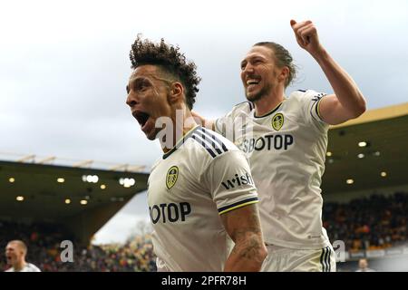 Leeds United's Rodrigo Moreno celebrates scoring their side's fourth goal of the game with team-mates during the Premier League match at Molineux Stadium, Wolverhampton. Picture date: Saturday March 18, 2023. Stock Photo