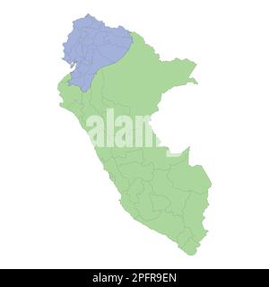 High quality political map of Peru and Ecuador with borders of the regions or provinces. Vector illustration Stock Vector