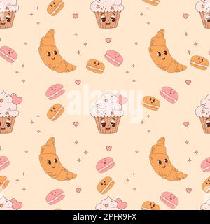 Seamless pattern with cute pastry . Cartoon characters croissant, macaron and cake cupcake on yellow background. Vector Illustration for wallpaper, de Stock Vector