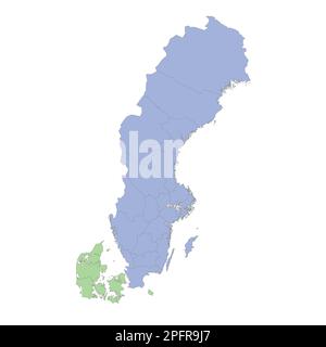 High quality political map of Sweden and Denmark with borders of the regions or provinces. Vector illustration Stock Vector