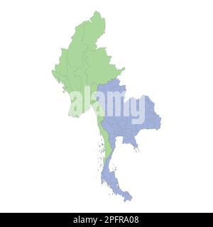 High quality political map of Thailand and Myanmar with borders of the regions or provinces. Vector illustration Stock Vector