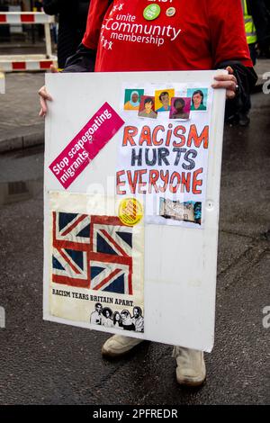 London, UK - 18 March 2023: Thousands of demonstrators from diverse backgrounds gathered in central London to protest against racism. The protesters chanted, 'refugees are welcome here,' and demanded an end to the Rwanda Bill. Credit: Sinai Noor / Alamy Live News Stock Photo
