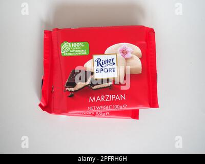 STUTTGARD, GERMANY - CIRCA MARCH 2023: Packet of Ritter Sport marzipan chocolate Stock Photo