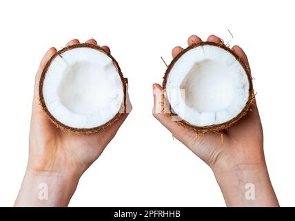 Hands holding two coconut pieces halves, cut cross sections isolated on white background. Stock Photo