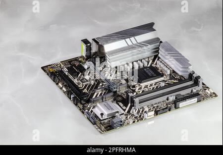 The modern computer motherboard, Ready for install CPU, memory, heatsink and other peripheral for run process. Stock Photo