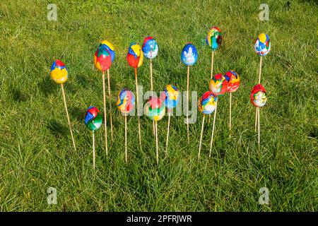 Painted colorful Easter eggs on wooden skewers in green grass Stock Photo