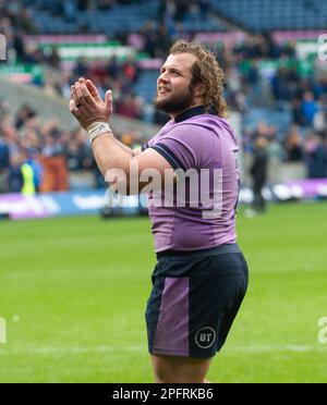 Edinburgh, UK. 18th Mar, 2023. EDINBURGH, SCOTLAND - MARCH 18: Scotland Loosehead Prop, Pierre Schoeman, salutes the crowd after the final whistle at the Six Nations Rugby match between Scotland and Italy at Murrayfield Stadium on March 12, 2023 in Edinburgh, United Kingdom. ( Credit: Ian Jacobs/Alamy Live News Stock Photo