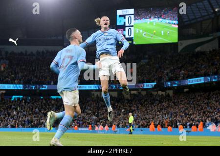 Manchester, UK. 18th Mar, 2023. Erling Haaland of Manchester City celebrates after scoring his teams 1st goal. Emirates FA Cup quarter-final match, Manchester City v Burnley at the Etihad Stadium in Manchester, Lancs on Saturday 18th March 2023. this image may only be used for Editorial purposes. Editorial use only, pic by Chris Stading/Andrew Orchard sports photography/Alamy Live news Credit: Andrew Orchard sports photography/Alamy Live News Stock Photo