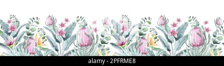 Watercolor seamless floral border. Australia tropical flowers and plants with flamingo birds. Decor, postcards, sublimation. Stock Photo