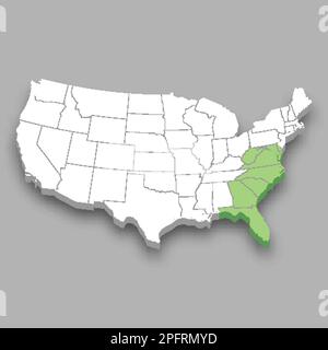 South Atlantic division location within United States 3d isometric map Stock Vector