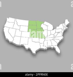 West North Central division location within United States 3d isometric map Stock Vector