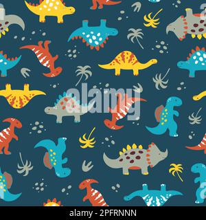 Cute dinosaurs seamless pattern. Colorful vector illustration for childish design, clothes, toys. Multidirectional design for print perfect for boys t Stock Vector