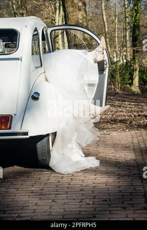 Humorous detail of a wedding reportage in the park with bridal couple having fun during the photo shoot Stock Photo