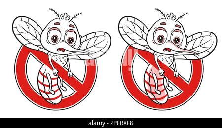 Anti mosquito bite, stop parasite insect sucking blood, garden pest control icon. Malaria gnat character with sting, wing. Red prohibition sign vector Stock Vector
