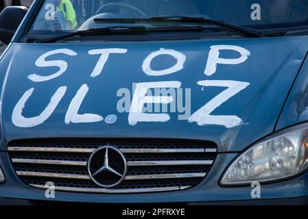 London, UK. 18th Mar, 2023. STOP ULEZ is painted on a vehicle during the demonstration. Anti-ULEZ protesters staged a demonstration in Trafalgar Square as they demand Sadiq Khan to be 'sacked' over controversial expansion plans. Credit: SOPA Images Limited/Alamy Live News Stock Photo