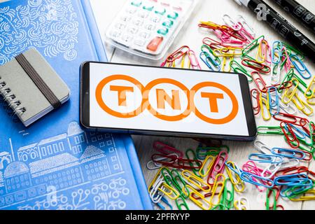 Poland. 7th Mar, 2023. In this photo illustration a TNT logo seen displayed on a smartphone. (Credit Image: © Mateusz Slodkowski/SOPA Images via ZUMA Press Wire) EDITORIAL USAGE ONLY! Not for Commercial USAGE! Stock Photo