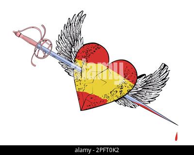 T-shirt design of a winged heart with the colors of the Spanish flag pierced by a medieval sword. Vector illustration for Spanish patriotism Stock Vector