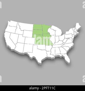 West North Central division location within United States 3d isometric map Stock Vector