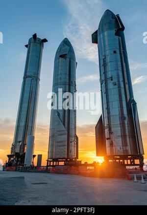 Rocket Garden - SpaceX Starships up close with setting sun Stock Photo