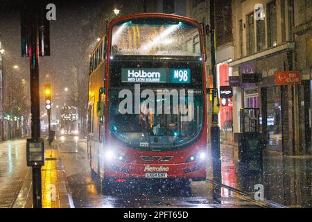 Oxford Street in Central London battered by snow and rain this morning.   Image shot on 8th Mar 2023.  © Belinda Jiao   jiao.bilin@gmail.com 075989312 Stock Photo