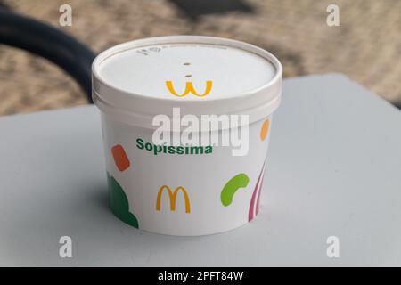 Lisbon, Portugal - December 5, 2022: Soup in Portuguese McDonald's s. Stock Photo