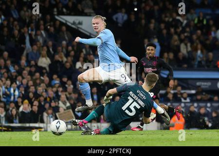 Manchester, UK. 18th Mar, 2023. Erling Haaland of Manchester City shoots and scores his teams 1st goal. Emirates FA Cup quarter-final match, Manchester City v Burnley at the Etihad Stadium in Manchester, Lancs on Saturday 18th March 2023. this image may only be used for Editorial purposes. Editorial use only, pic by Chris Stading/Andrew Orchard sports photography/Alamy Live news Credit: Andrew Orchard sports photography/Alamy Live News Stock Photo