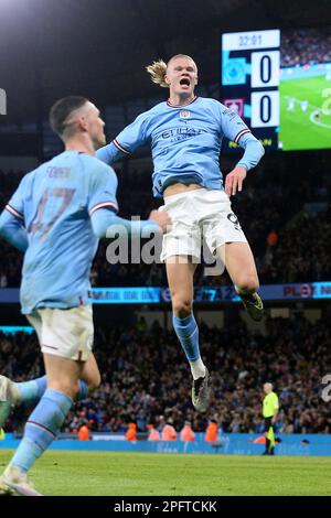 Manchester, UK. 18th Mar, 2023. Erling Haaland of Manchester City (r) celebrates after scoring his teams 1st goal. Emirates FA Cup quarter-final match, Manchester City v Burnley at the Etihad Stadium in Manchester, Lancs on Saturday 18th March 2023. this image may only be used for Editorial purposes. Editorial use only, pic by Chris Stading/Andrew Orchard sports photography/Alamy Live news Credit: Andrew Orchard sports photography/Alamy Live News Stock Photo