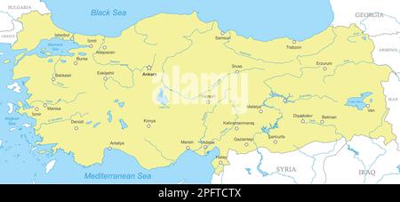 Political map of Turkey with national borders, cities and rivers Stock Vector