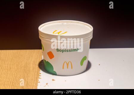 Lisbon, Portugal - December 5, 2022: Bowl of soup in Portuguese McDonald's. Stock Photo