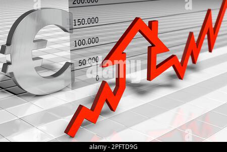 Rising property prices. euro sign, diagram, graph with house symbol. Euro sign, diagram, graph with house symbol Stock Photo