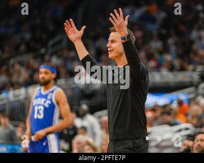 Orlando, FL, USA. 18th Mar, 2023. Duke head coach Jon Scheyer reacts to a callforimage} during the 1st half of a second-round college basketball game in the men's NCAA Tournament between Duke Blue Devils and Tennessee Volunteers at Amway Center in Orlando, FL. Romeo T Guzman/CSM/Alamy Live News Stock Photo